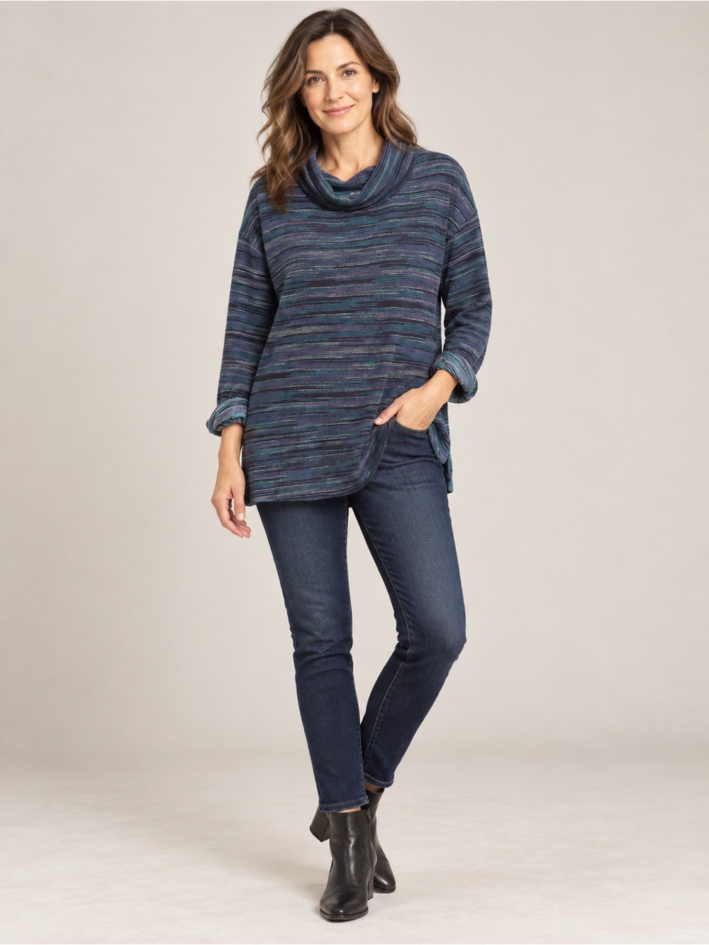 T by Talbots Striped Cowl Neck Long Sleeve Tunic Top Teal Purple Size Medium